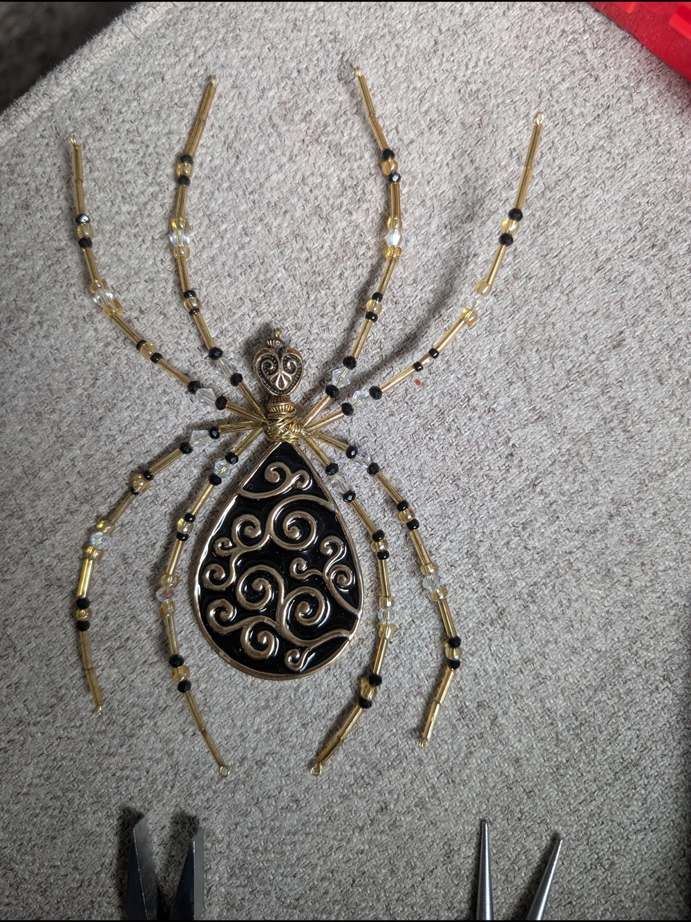 Gold & Black Beaded Handmade Spider Art With A Vintage Pendant